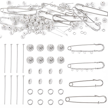 8 шт. 4 стили железные булавки со стразами, фурнитура для броши, с 30шт. бусинами в виде диско-шаров, стеклянные бусины-проставки со стразами, штифты с плоской головкой и соединительное кольцо