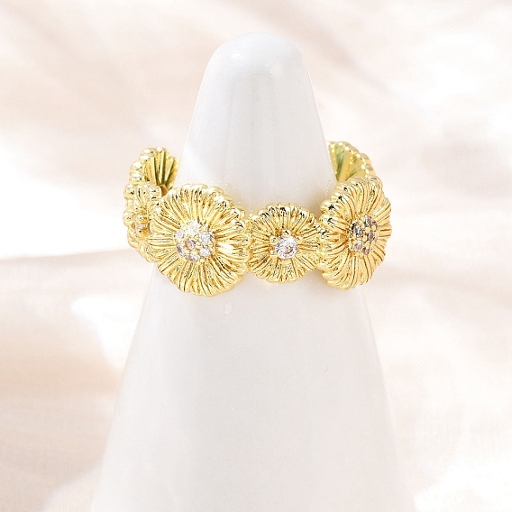 Латунные микро проложить манжеты кольца кубического циркония, цветок, стойки покрытие, долговечный, без кадмия и без свинца