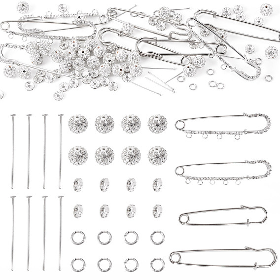 8 шт. 4 стили железные булавки со стразами, фурнитура для броши, с 30шт. бусинами в виде диско-шаров, стеклянные бусины-проставки со стразами, штифты с плоской головкой и соединительное кольцо