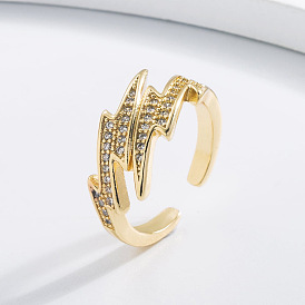 Irregular Geometric Open Ring with Copper Plating 18K Gold and Zircon Stones for Women's Personalized Fashion Jewelry.