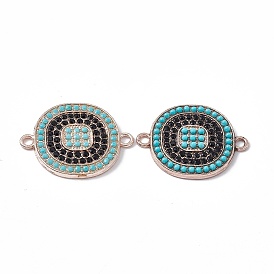 Alloy Connector Charms, with Jet Rhinestones and Synthetic Turquoise, Flat Round Links, Light Gold