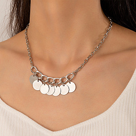 Punk Style Round Pendant Single Layer Necklace with Geometric Irregular Chain for Women