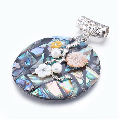 Abalone Shell/Paua Shell Big Pendants, with Brass Findings, Flat Round with Flower, Platinum