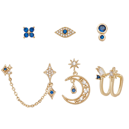 6шт. 6 серьги-гвоздики в стиле «цветок, квадрат, звезда, луна» с кубическим цирконием, латунные украшения из светлого золота для женщин