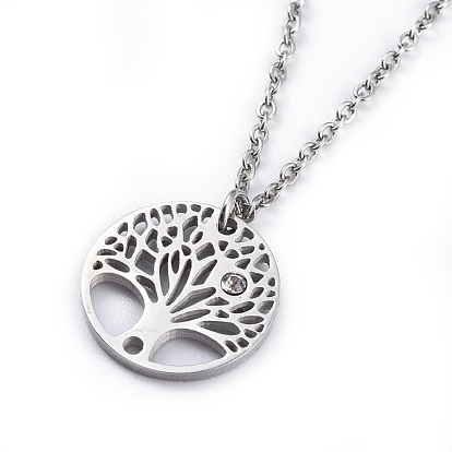 Stainless Steel Pendants Necklaces and Stud Earrings Jewelry Sets, with Cubic Zirconia, Flat Round with Tree of Life