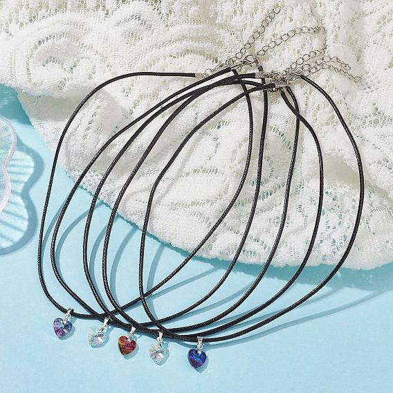 5Pcs 5 Color Glass Heart Pendant Necklaces Set, with Imitation Leather Cords