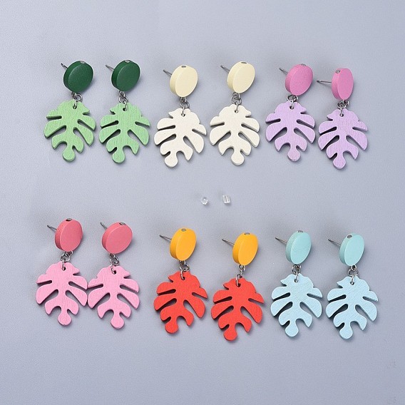 Monstera Blatt gemalt Pappelholz Ohrstecker, tropisches Thema, mit flachen, rund gefärbten Birnenholzperlen und 304 Edelstahlzubehör, Ohrmuttern aus Kunststoff