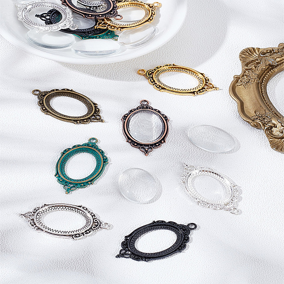 14Pcs 7 Colors Alloy Pendant Cabochon Settings, Open Back Settings, with 14Pcs Glass Cabochons