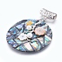 Abalone Shell/Paua Shell Big Pendants, with Brass Findings, Flat Round with Flower, Platinum