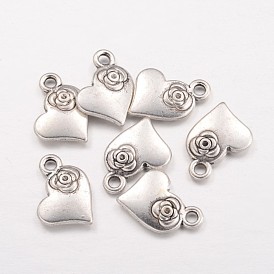 Tibetan Style Alloy Charms Pendants, Cadmium Free & Lead Free, Heart with Flower, 14x11x3mm, Hole: 1mm