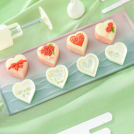 Mid-Autumn Festival Hand-Pressure Moon Cake Mold Set, with 4 Pcs Heart Shape Mode Pattern, ABS Plastic Fondant Stamper