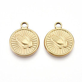 304 подвески из нержавеющей стали, ионное покрытие (ip), плоские круглые с молящимися руками амулеты