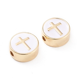 Brass Enamel Beads, Long-Lasting Plated, Flat Round with Cross, White