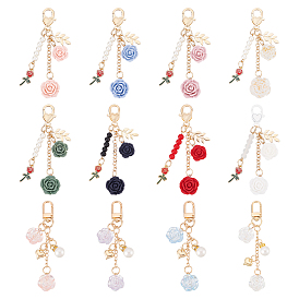12Pcs 12 Style Valentine's Day Resin & Zinc Alloy Rose Charm Pendant Decorations for Women, with Lobster Clasp