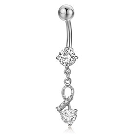 Piercing Jewelry, Brass Cubic Zirciona Navel Ring, Belly Rings, with 304 Stainless Steel Bar, Lead Free & Cadmium Free, Heart