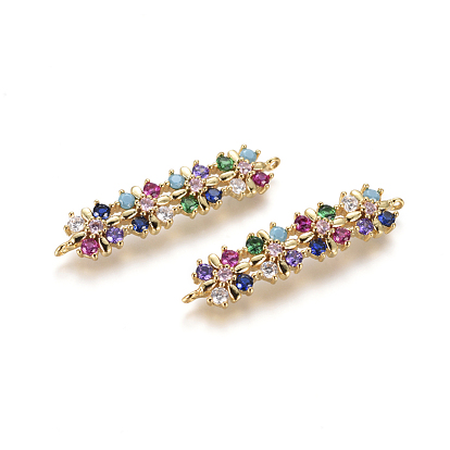 Brass Micro Pave Cubic Zirconia Links Connectors, Flower, Colorful