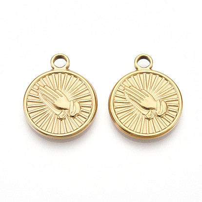 304 подвески из нержавеющей стали, ионное покрытие (ip), плоские круглые с молящимися руками амулеты