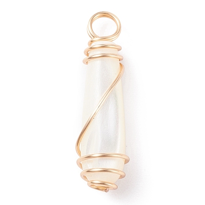 Natural Trochid Shell Pendants with Golden Tone Copper Wire Wrapped, Bullet