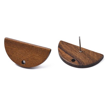 Walnut Wood Stud Earring Findings, with Hole and 304 Stainless Steel Pin, Half Round