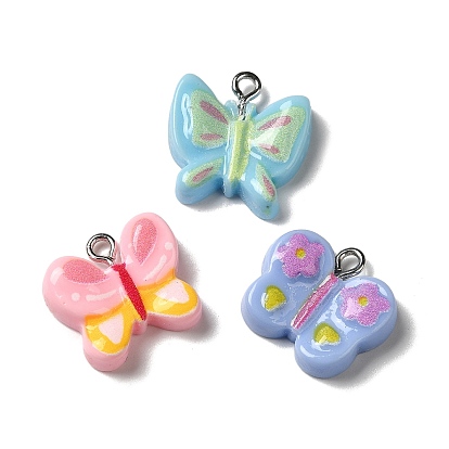 Opaque Resin Pendants, Butterfly Charms with Platinum Plated Iron Loops