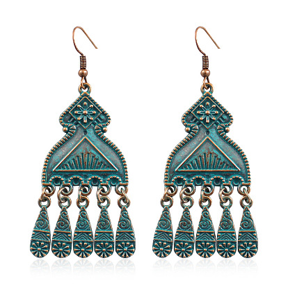 Bohemian Vintage Style Teardrop Tassel Earrings with Floral Carving and Statement Design