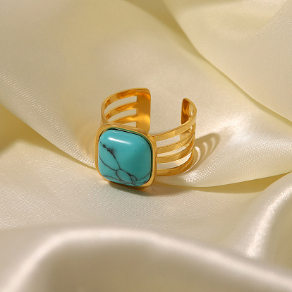 18K Gold Stainless Steel Ring with Natural Turquoise Stone for Women