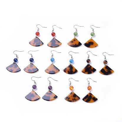 Pendiente de acetato de celulosa (resina), con cuentas de piedras preciosas y los ganchos del pendiente de bronce, Platino