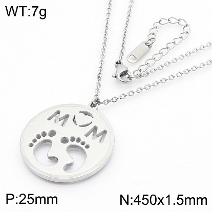 День матери 304 Подвеска из нержавеющей стали в виде круглого плоского кулона с надписью «Мама» и изображением ножек малыша.