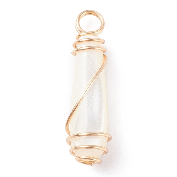 Natural Trochid Shell Pendants with Golden Tone Copper Wire Wrapped, Bullet