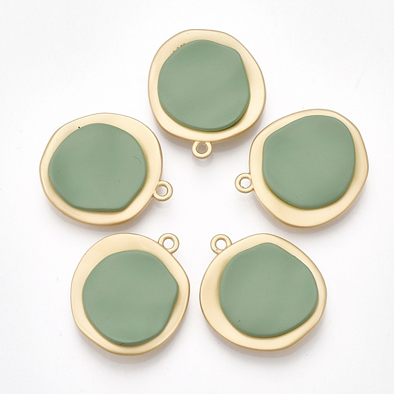 Smooth Surface Spray Painted Alloy Pendants, Flat Round, Matte Gold Color