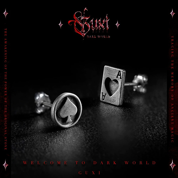 Vintage Alloy Playing Card Stud Earrings for Men