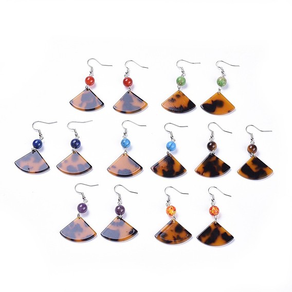 Cellulose Acetate(Resin) Dangle Earring, with Gemstone Beads and Brass Earring Hooks, Platinum