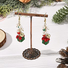 Christmas Handmade Lampwork Dangle Earrings, Brass Dangle Earrings for Women, with Imitation Pearl, Golden