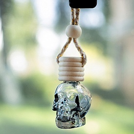 Skull Glass Empty Refillable Car Perfume Bottle, Car Hanging Fragrance Essential Oil Diffuser Bottle Pendants Decor, with Wood Cap