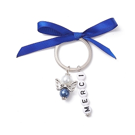 Angel Glass Pearl Beads & Acrylic Beads Charms Keychain, with Iron Split Key Rings, Satin Ribbon and Alloy Findings