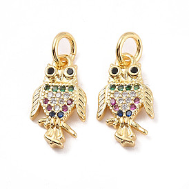 Rack Plating Brass Micro Pave Cubic Zirconia Charms, with Jump Ring, Cadmium Free & Lead Free, Owl