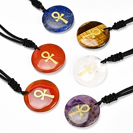 Gemstone Pendants, Religion Charm, Flat Round with Ankh Cross