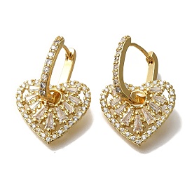 Rack Plating Brass Micro Pave Clear Cubic Zirconia Hoop Earrings, Long-Lasting Plated, Heart