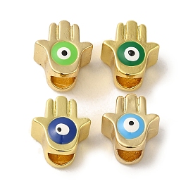 Brass Enamel Beads, Real 18K Gold Plated, Hamsa Hand with Evil Eye