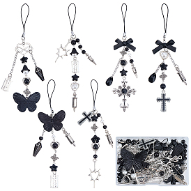 Наборы для самостоятельного изготовления мобильного ремня, включая полиэстеровые ремешки для мобильных телефонов, подвески и бусы из сплава, акриловые и стеклянные бусины, подвески из стекла и пластика, латунный штифт с ушком, соединительные кольца и цепочка