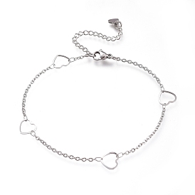 304 Stainless Steel Cable Chain Anklets, with Heart Links and Lobster Claw Clasps