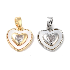 Brass Micro Pave Clear Cubic Zirconia Pendants, with Shell, Heart Charm