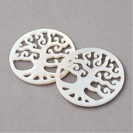 Sea Shell Pendants, Flat Round with Tree of Life, Filigree