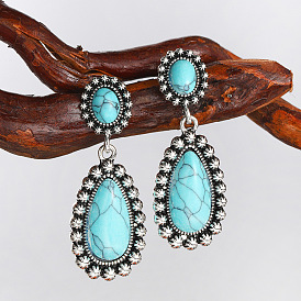 Vintage Turquoise Earrings - Retro Silver Jewelry, Exaggerated Pear Shape Ear Decor.