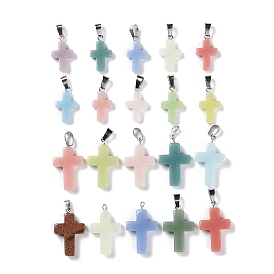 Synthetic Noctilucent Stone/Luminous Stone Pendants, Glow in the Dark Cross Charms with Stainless Steel Color Plated 201 Stainless Steel Snap on Bails