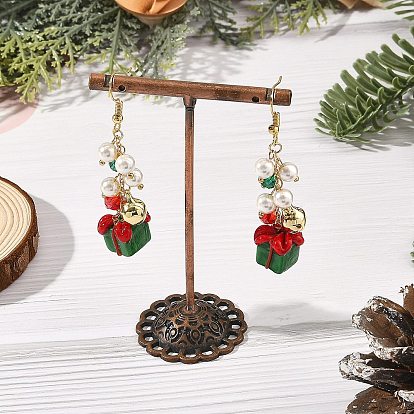 Christmas Handmade Lampwork Dangle Earrings, Brass Dangle Earrings for Women, with Imitation Pearl, Golden