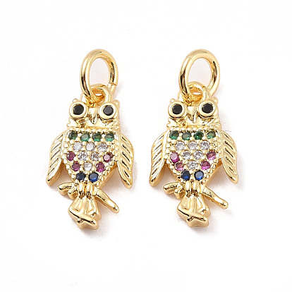 Rack Plating Brass Micro Pave Cubic Zirconia Charms, with Jump Ring, Cadmium Free & Lead Free, Owl
