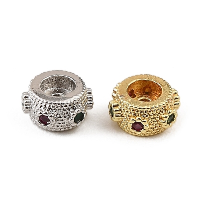 Brass Micro Pave Colorful Cubic Zirconia Beads, Flat Round, Rack Plating, Long-Lasting Plated, Cadmium Free & Lead Free