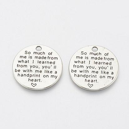 Tibetan Style Alloy Quote Pendants for Teachers' Day, Cadmium Free & Lead Free, Flat Round with Word