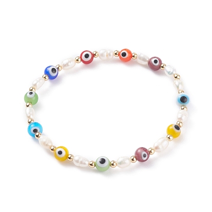 Natural Pearl Braided Bead Stretch Bracelets, Evil Eye Lampwork Beads Bracelets